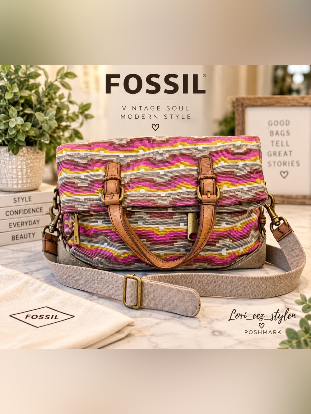 Fossil Pink Multi-Stripe Canvas Satchel with Tan Leather Trim
